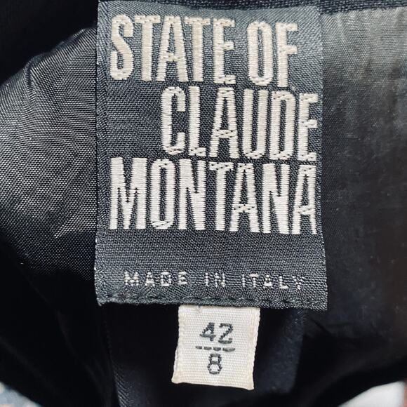 State of Claude Montana Blazer Wool Pinstripe Open Front Black Red Womens 8 42 - Picture 11 of 13